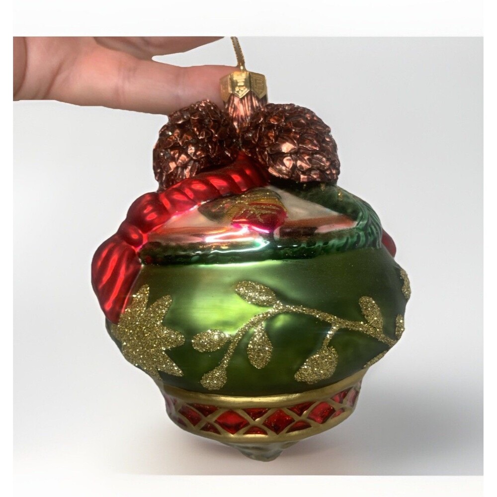Fitz & Floyd Jolly Ole St. Nick JOSN Ball Motif Glass Ornament Pine Cones W/Box